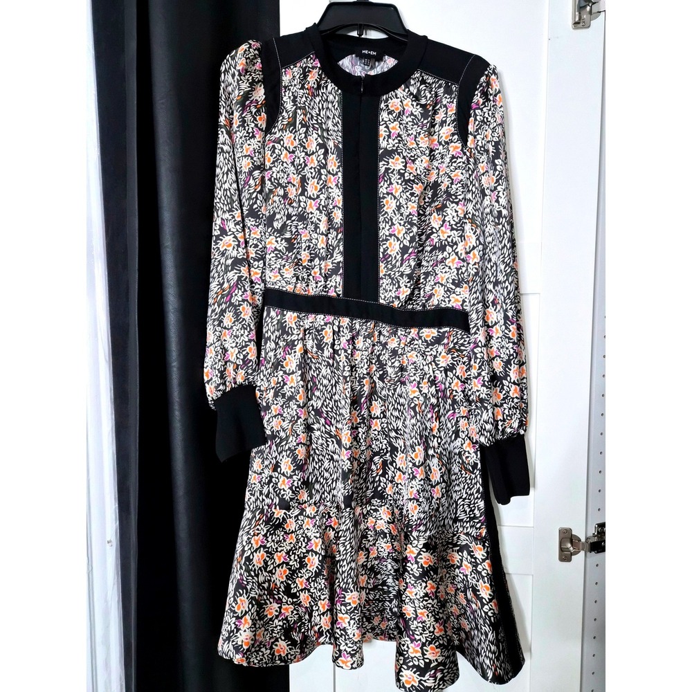 ME+EM Black Floral Print Zip Front Midi Dress Contrast Trim US10